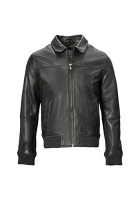 Schwarze Leder-Bomberjacke mit einem Vorderreißverschluss, gerippten Bündchen und Saum sowie einem kleinen Kragen. Verfügt über eine glatte Textur und ein minimalistisches Design.
