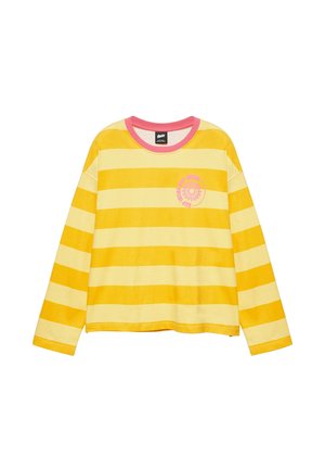 Langarm-T-Shirt mit breiten gelben und hellgelben horizontalen Streifen und rosa rundem Ausschnitt, mit einer kleinen rosa Grafik auf der Brust.
