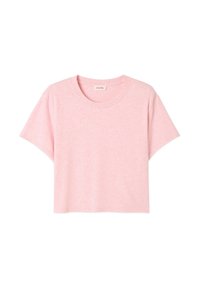 Roze T-shirt met korte mouwen van zacht materiaal, met een ronde halslijn en een losse fit met een subtiele gemêleerde textuur.