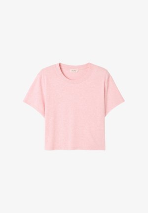 Rožinė trumpomis rankovėmis marškinėliai, pagaminti iš minkštos medžiagos, su apykakle ir laisvu kirpimu, turintys subtilią melange tekstūrą.