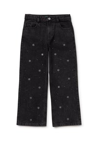 Pantalones vaqueros de mezclilla negros de pierna ancha con diseños de estrellas plateadas dispersas y pequeños acentos de strass en toda su extensión. Estilo clásico de cinco bolsillos.