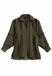 Oliven grøn skjorte med lange ærmer. Har en krave, løs pasform og frynser langs sømmene og manchetterne. Letvægtsstof.