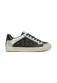 Sneaker basse nere e argento con dettagli glitter, accenti in pelle liscia e suola in gomma testurizzata. Lacci e cuciture neri visibili.