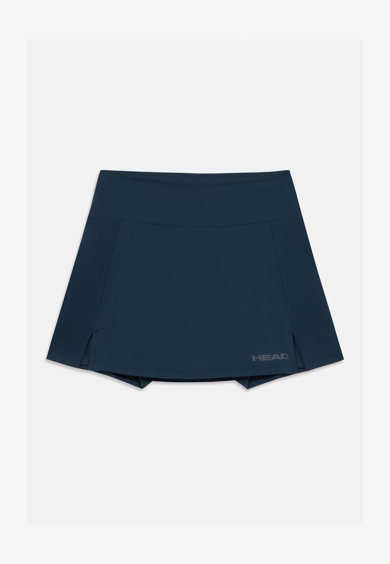 Σκούρο μπλε αθλητική φούστα με λεία υφή, που διαθέτει σφηνοειδές μέσο, πλάγιες σχισμές και μια διακριτική λογότυπη σε γκρι στο στρίφωμα.