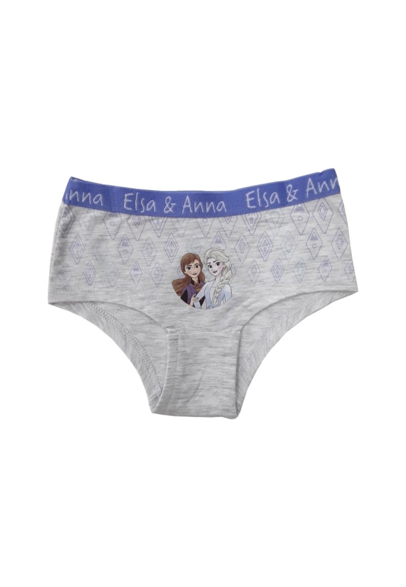 Mutandine grigia in cotone per ragazze con elastico blu in vita con la scritta "Elsa & Anna", caratterizzate da personaggi stampati e un motivo geometrico.