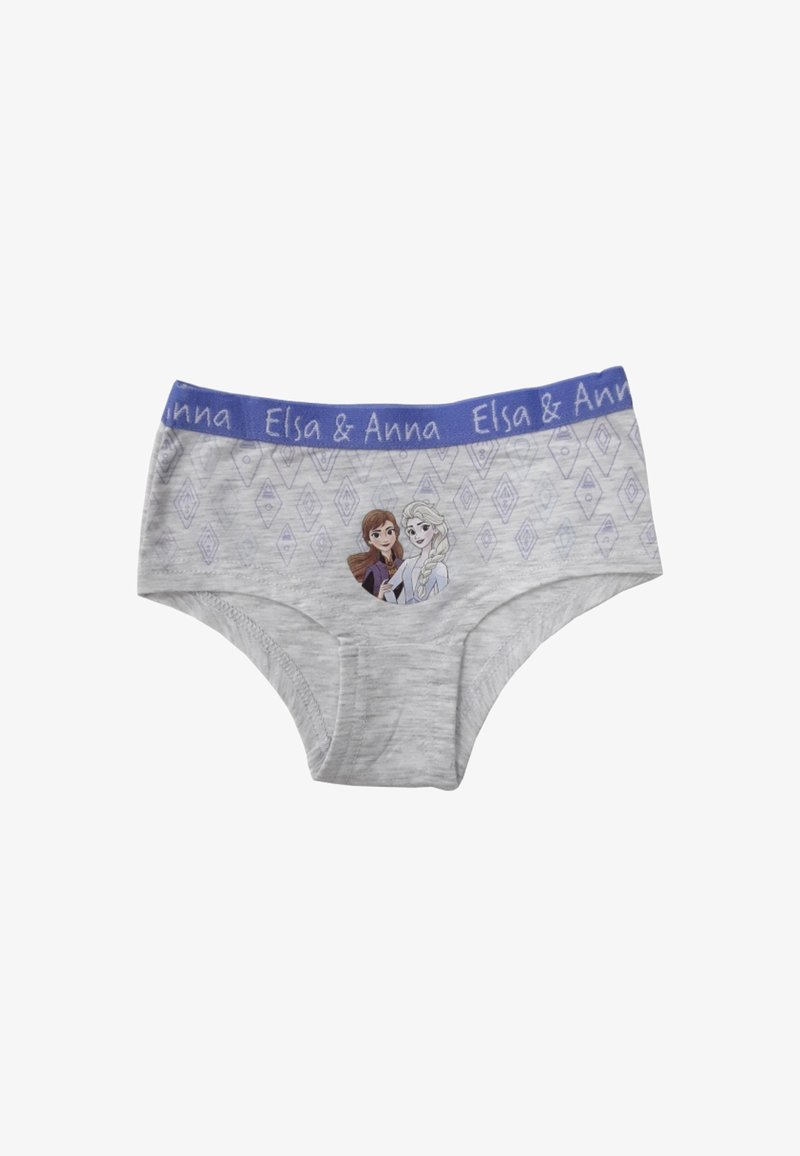 Grijze katoenen meisjesonderbroeken met een blauwe elastische tailleband waarop "Elsa & Anna" staat, met afgebeelde personages en een geometrisch patroon.