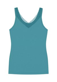 Tealen tanktop met een v-hals en een kanten afwerking. Gemaakt van gladde stof, heeft het dunne bandjes en een aansluitende pasvorm.