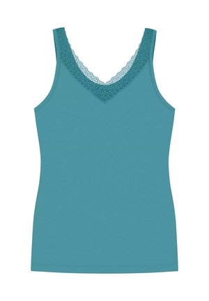 Top de tirantes color teal con escote en V y un borde de encaje. Confeccionado en una tela suave, tiene tirantes delgados y una silueta ajustada.