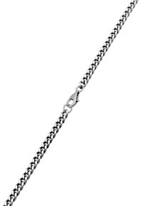 Silver metal chain with interlocking links, featuring a lobster clasp for closure. Smooth texture, evenly polished surface, and a sleek design.