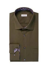Camicia verde con bottoni, colletto e bordo delle maniche in fantasia floreale blu navy. Presenta una tasca e cinque bottoni sulla parte anteriore.
