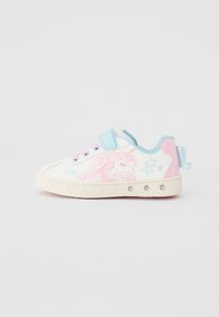 Hvit sneaker med rosa og blå detaljer, dekorert med enhjørning broderi og stjernemønstre. Inkluderer borrelåsrem og dekorative edelsteiner på sålen.