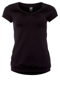 Top negro de manga corta con escote redondeado, detalle de frente plisado y un dobladillo ligeramente curvado. Fabricado con una tela suave y elástica.