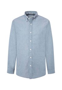 Lichtblauwe, lange mouwen knoopsluiting shirt van katoenmix stof. Heeft een puntige kraag en witte knopen, met een geborduurd logo op de borst.