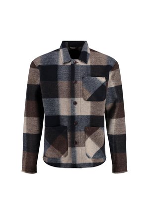 Wool shirt jacket with a plaid pattern in dark blue, brown, and beige. Features a button front, pointed collar, and two front pockets.