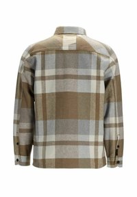 Camisa de franela a cuadros marrón y gris con cuello abotonado, mangas largas y botones laterales. La tela parece suave y texturizada.