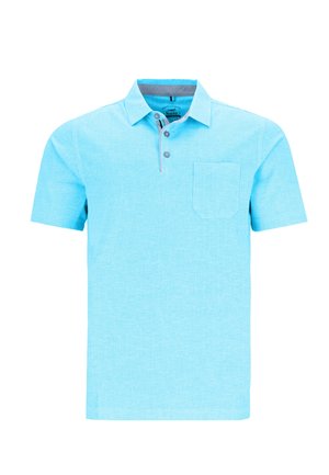 Kurzarm-Polohemd in Hellblau, aus strukturiertem Stoff, mit einem Kragen, einer Dreiknopf-Leiste und einer Brusttasche auf der linken Seite.
