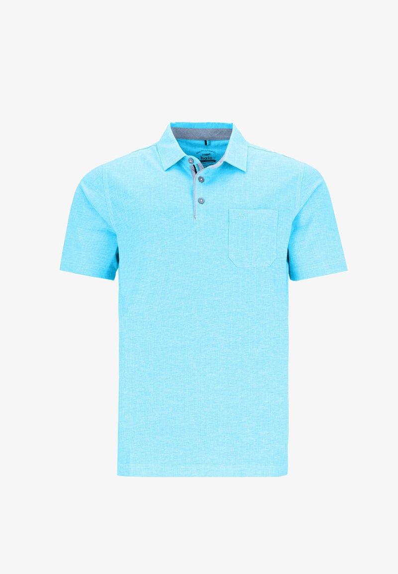 Korte mouwen polo in lichtblauw, gemaakt van textuurstof, met een kraag, een drie-knopen sluiting en een borstzak aan de linkerkant.