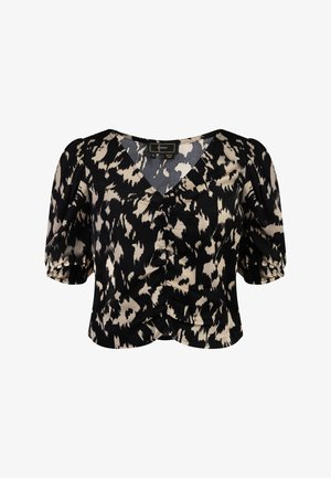 Blusa nera e beige a maniche corte con scollo a V, caratterizzata da un design a fantasia, spalle arricciate e dettaglio arricciato frontale.