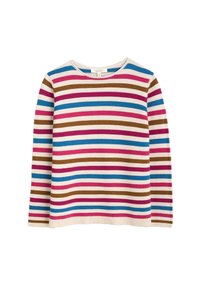 Striped sweater in white, featuring horizontal bands of pink, blue, brown, and burgundy. Round neckline and long sleeves. Ribbed texture.