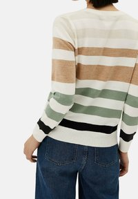 Pull rayé en crème, marron, vert et noir. Tissu tricoté, col rond, ourlet côtelé, poignets ajustés et coupe décontractée. Jean en denim visible.