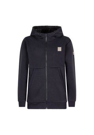 Hoodie zippé bleu marine avec une capuche en fourrure synthétique, des poches kangourou et un patch logo à l'avant ; fabriqué en tissu doux avec des poignets côtelés.