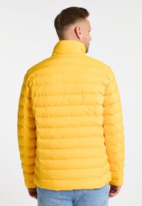 Geel pufferjack met een hoge kraag en een gestikte textuur. Gladde afwerking en slanke pasvorm, gecombineerd met blauwe spijkerbroeken.