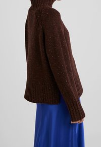 Brun stickad tröja med hög ribbad krage, med färgklickar genom hela tröjan. Ribbad mudd och nederkant, bärs över en blå satindress.