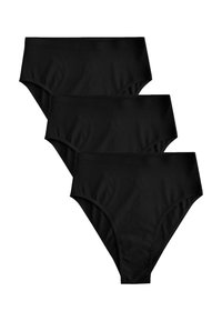 Zwarte hoogzit biki briefjes, gemaakt van gladde stof. Drie stuks getoond met een naadloos ontwerp en een klassieke snit.