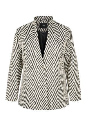 Blazer à motif chevrons noir et blanc avec fermeture à bouton unique et col châle, étiquette Zizzi, manches longues et doublure intérieure noire.