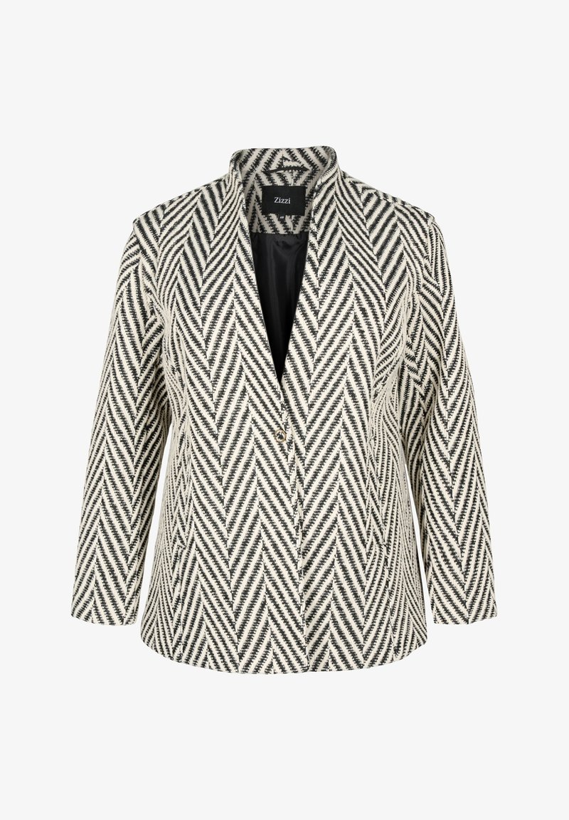 Blazer à motif chevrons noir et blanc avec fermeture à bouton unique et col châle, étiquette Zizzi, manches longues et doublure intérieure noire.