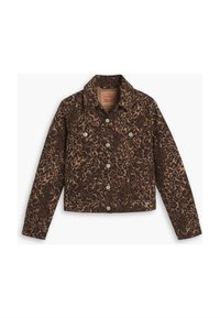 Veste en denim imprimée léopard avec un col, fermeture à boutons, deux poches avant et un design court dans des tons de marron et de noir.