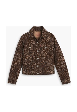 Veste en denim imprimée léopard avec un col, fermeture à boutons, deux poches avant et un design court dans des tons de marron et de noir.