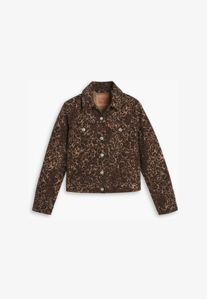 Leopard print denim jacket featuring a collar, button closure, two front pockets, and a cropped design in brown and black tones.