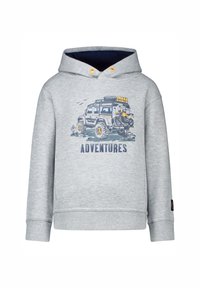 Grijze hoodie met een vooropdruk van een off-road voertuig. Heeft blauwe accenten en de tekst "AVONTUREN" onder het ontwerp.