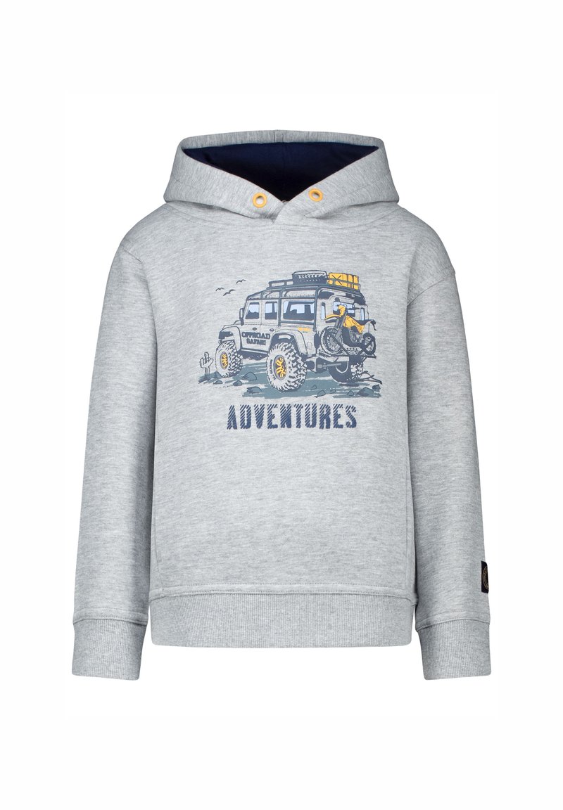Grijze hoodie met een vooropdruk van een off-road voertuig. Heeft blauwe accenten en de tekst "AVONTUREN" onder het ontwerp.