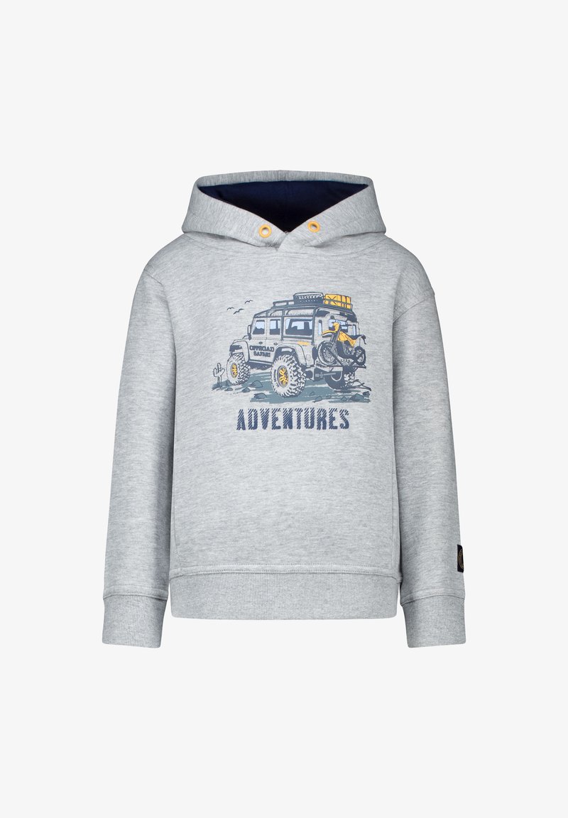 Grijze hoodie met een vooropdruk van een off-road voertuig. Heeft blauwe accenten en de tekst "AVONTUREN" onder het ontwerp.