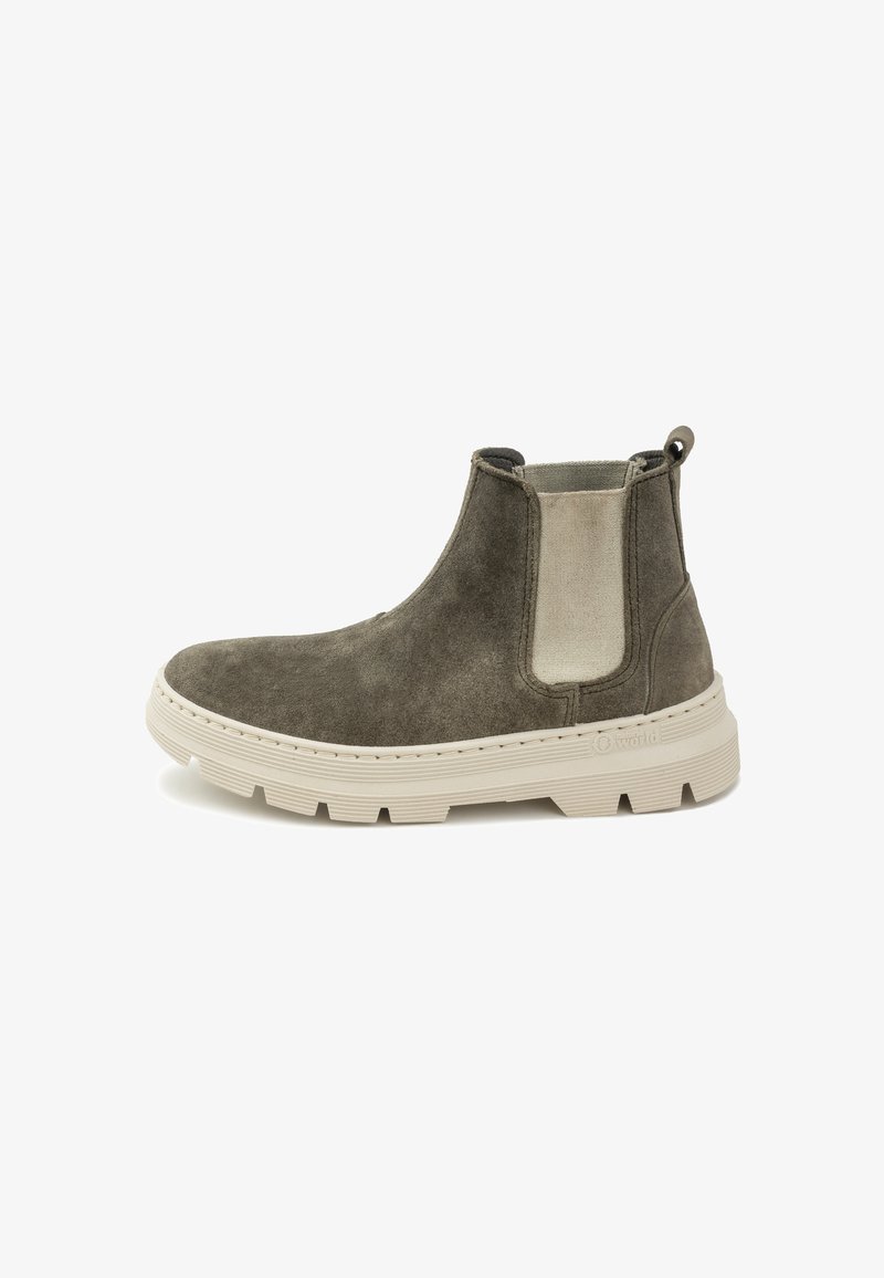 Sivi nubuk čizmi do gležnja s bež elastičnom bočnom panele, zaobljenim vrhom i debelim bijelim gumenim potplatom. Imaju petnju na stražnjoj strani.