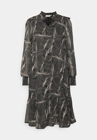 Vestido negro con un patrón de remolino en crema, con mangas largas, un escote fruncido y un dobladillo acampanado. Fabricado con tejido ligero.