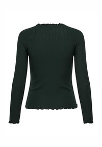 Ciemnozielona, prążkowana bluzka z długim rękawem o dopasowanej sylwetce, z falbaniastym dekoltem i dołem, wykonana z miękkiej tkaniny bawełnianej.