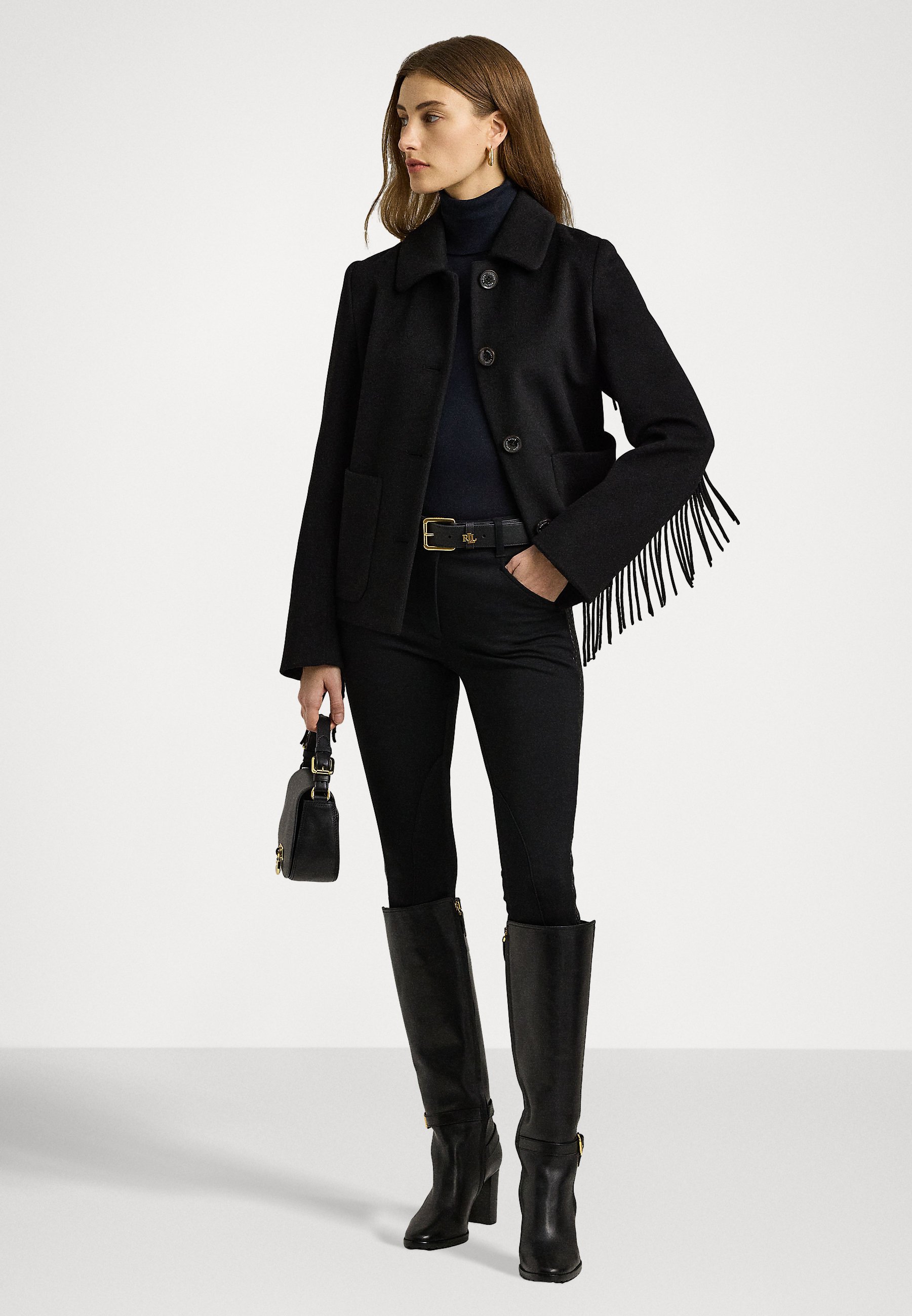 【Ralph Lauren】Fringe Drape Wool Blend Coat Lauren in Black Fringe Wool-Blend Wrap Coat