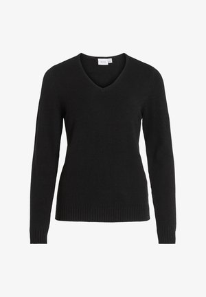 Czarny sweter V-neck z miękkiego materiału, z długimi rękawami, ribbowym dołem i mankietami, o prostym i klasycznym wzorze.