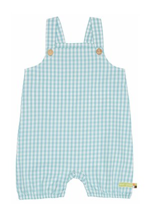 Pelele para bebé de cuadritos azul y blanco con tirantes en los hombros y cierres de botones de madera, aberturas elásticas en las piernas y una pequeña etiqueta amarilla.