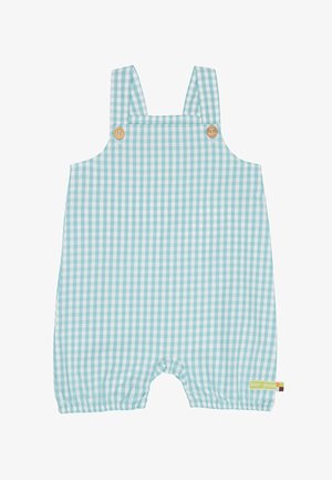 Combinaison bébé vichy bleu et blanc avec bretelles, fermetures par boutons en bois, ouvertures élastiques aux jambes et une petite étiquette jaune.