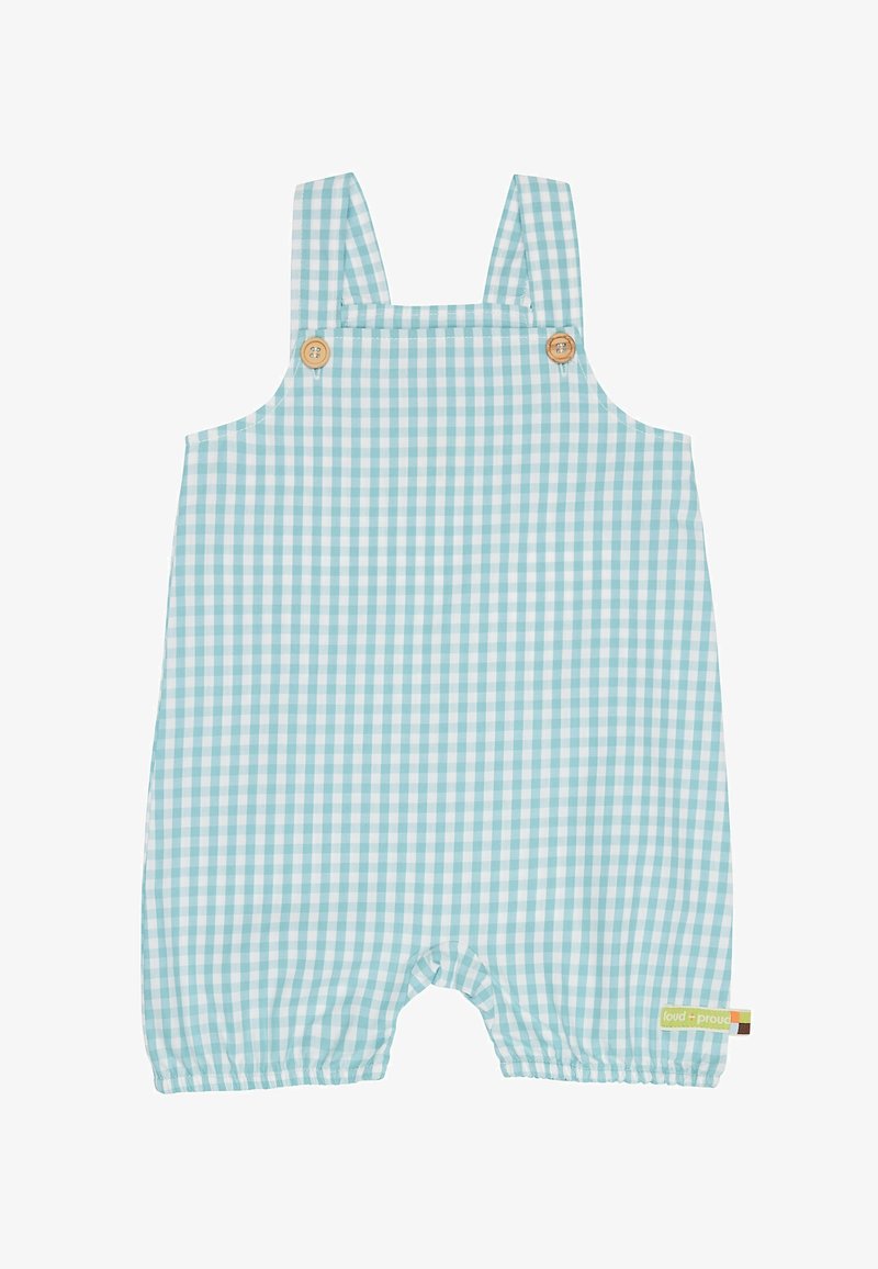 Combinaison bébé vichy bleu et blanc avec bretelles, fermetures par boutons en bois, ouvertures élastiques aux jambes et une petite étiquette jaune.