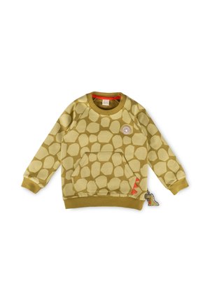 Felpa a maniche lunghe per bambini con motivo a pietra beige e marrone chiaro, tasca frontale e piccolo portachiavi dinosauro attaccato all’orlo.
