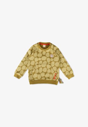 Kinder Langarm-Sweatshirt mit beige-hellbraunem Steinmuster, Fronttasche und kleinem Dinosaurier-Schlüsselanhänger am Saum.
