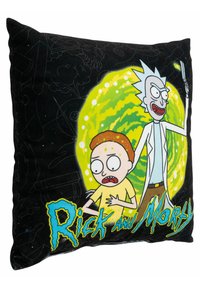 Cuscino quadrato nero con personaggi cartoon Rick e Morty su uno sfondo di design verde a forma di portale; tessuto morbido con una superficie liscia.