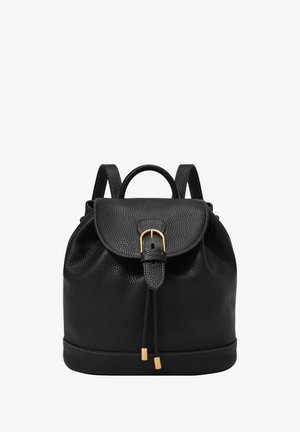 Black leather backpack with a textured finish, drawstring closure, flap top, and gold hardware accents. Features dual adjustable straps.