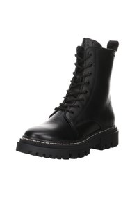 Botte de combat noire à lacets avec semelle crantée épaisse, bout arrondi et languette à l'arrière, présentée sur fond blanc.
