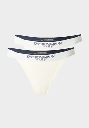 To hvide Emporio Armani g-strenge med navy elastiske linninger i taljen med mærkenavnet og logoet i sort.